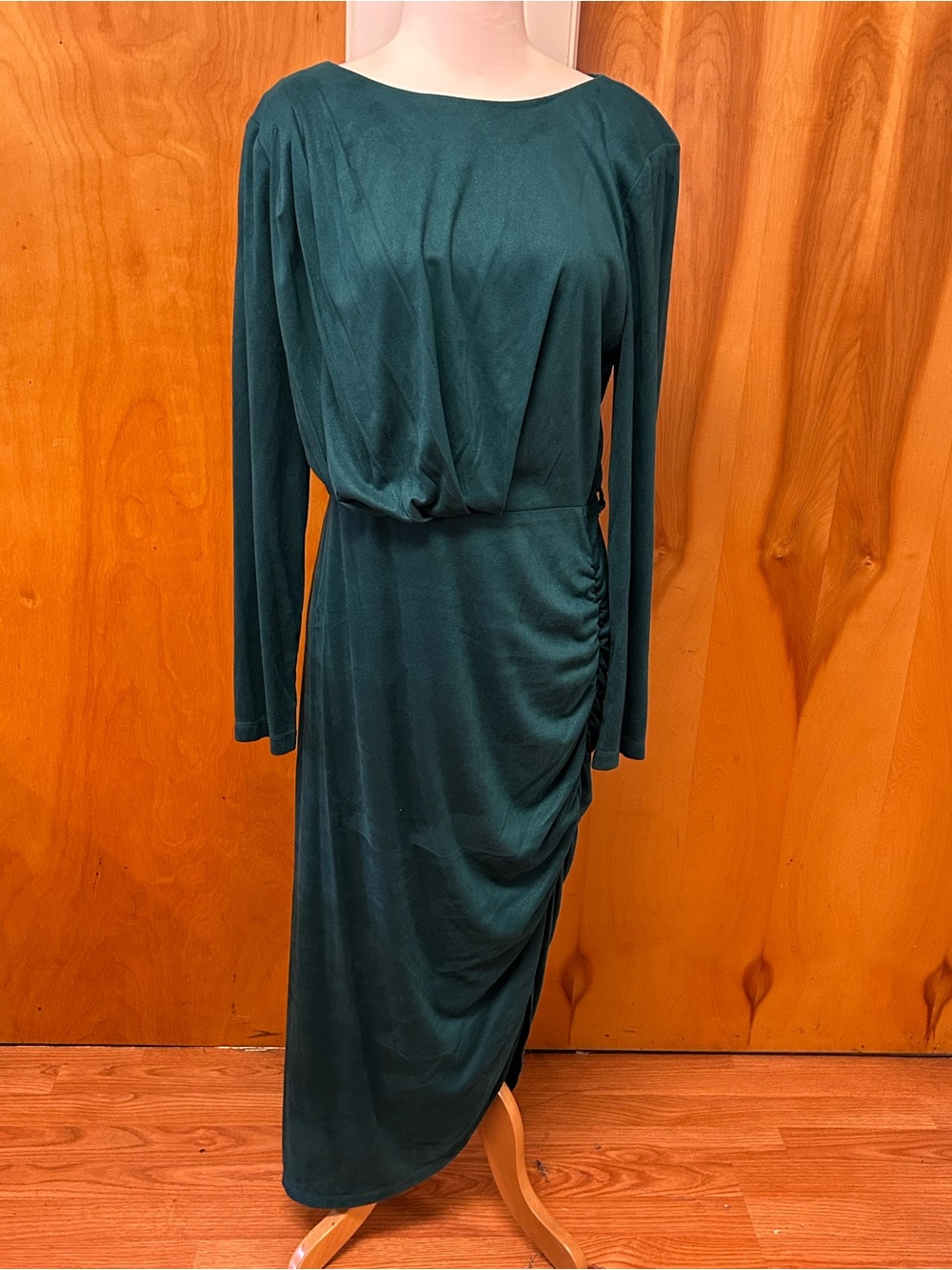 Donna Karen dark green midi side ruched long sleeve dress NWT size 12